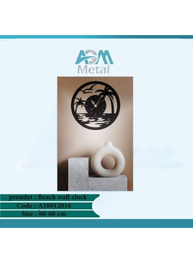 AGM ساعة حائط AGM معدنية ديكور بتصميم شاطئ ونخيل - قطر 40 سم - دهان إلكتروستاتيك مقاوم للخدش - ماكينة ساعة صامتة عالية الجودة - ستيل ممتاز لغرفة المعيشة والمكتب - Image 1